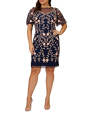 Adrianna Papell Plus Floral Embroidered Flutter-sleeve Dress In Navy/blush