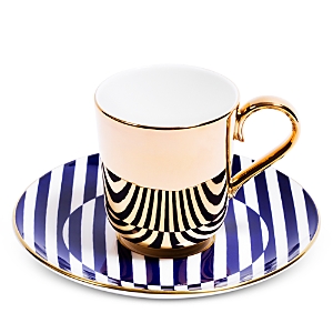 Shop Richard Brendon Espresso Saucer & Reflect Espresso Cup In Gold/blue & White