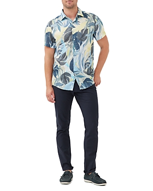 Rodd & Gunn Edwin Street Leaf Print Short Sleeve Linen Button-up Shirt In Lemon