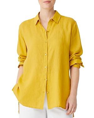 Eileen Fisher Side-slit Button-down Linen Shirt In Lemdr