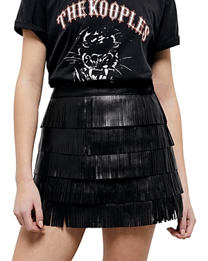 The Kooples Leather Tiered Fringe Mini Skirt In Black