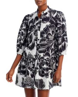 Farm Rio Chita Woodcut Drop Waist Mini Dress In Off-white | ModeSens