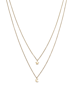 14K Yellow Gold Moon & Star Double Row Necklace, 17.75