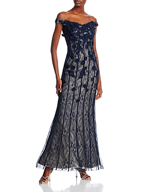 Aqua Embellished Lace Off-the-shoulder Gown - 100% Exclusive In Navy/champagne