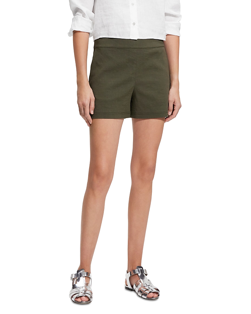 Theory Good Tab Waist Linen Blend Shorts In Dark Olive