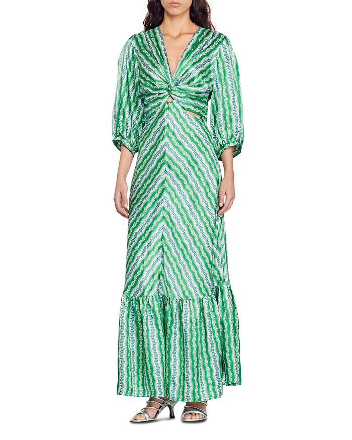 Sandro Agnetta Satin Floral Stripe Keyhole Maxi Dress | Bloomingdale's