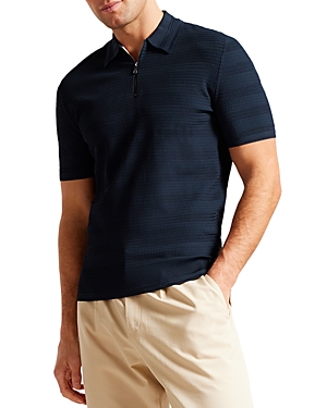 Shop Ted Baker Stree Textured Zip Polo Shirt In Navy