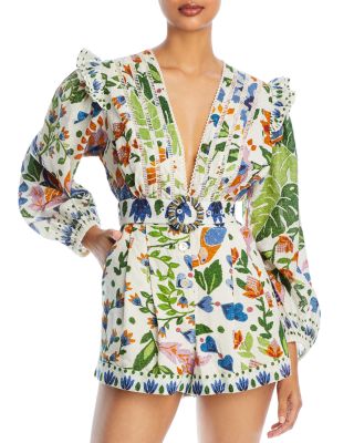 FARM Rio Delicate Garden Linen Blend Long Sleeve Romper