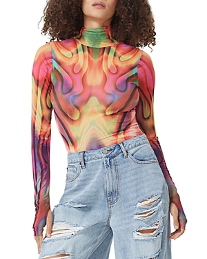 Afrm Zadie Print Mesh Turtleneck In Rouge Metaverse