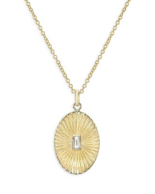 Zoe Lev - 14K Gold Diamond Baguette Oval Pleated Disc Pendant Necklace, 16"-18"
