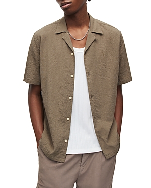 Allsaints Mattole Organic Cotton Stretch Relaxed Fit Button Down Camp Shirt In Earthy Brown