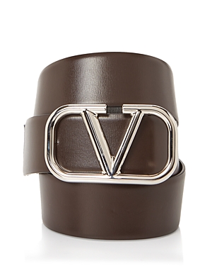 Shop Valentino Men's Leather Logo Buckle Belt In Bitter Chocolate /nero