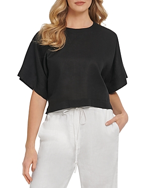 Dkny Linen Drop Shoulder Short Sleeve Top In Black
