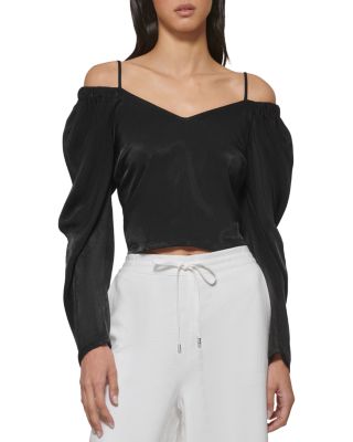 Dkny Off The Shoulder Puff Sleeve Linen Top In Black | ModeSens