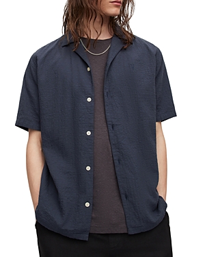 Allsaints Mattole Relaxed Fit Crepe Short Sleeve Button-up Camp Shirt In Midnight Blue