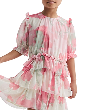 Reiss Girls' Henrietta Jr Floral Print Tiered Dress - Little Kid In Pink Print