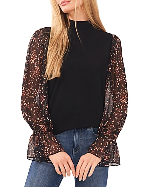 Cece Womens Printed Metallic Turtleneck Top In Rich Black