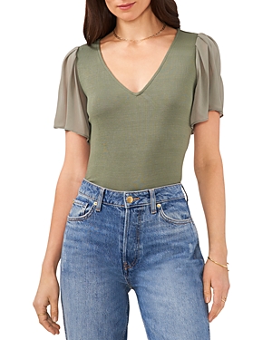 1.state Mixed Media Flutter Sleeve Top In Green Mili
