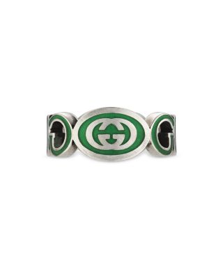 Sterling Silver Interlocked G Green Enamel Logo Ring