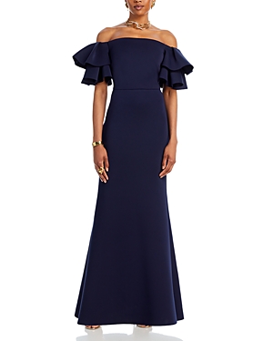 Shop Eliza J Off-the-shoulder Ruffle Gown In Navy
