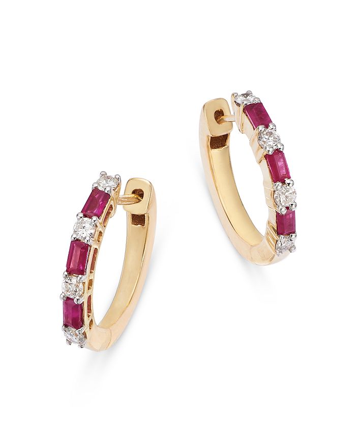 Bloomingdale's Ruby & Diamond Huggie Hoop Earrings in 14K Yellow Gold ...