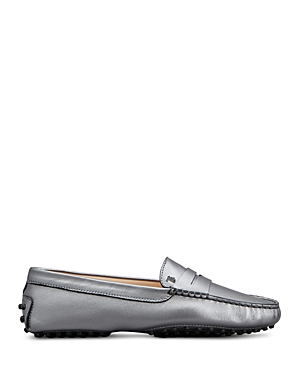 Tod's Gommini Metallic Driver Penny Loafers In Silver