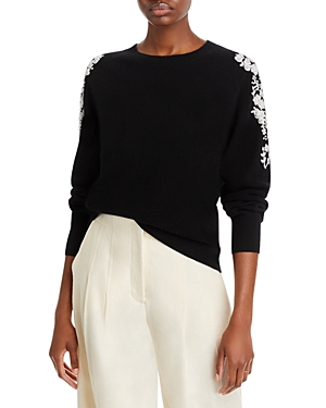 C By Bloomingdale's Cashmere Embellished Embroidered Floral Crewneck Cashmere Sweater - 100% Exclusi In Black