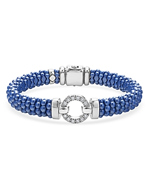 Shop Lagos Sterling Silver Ceramic Caviar & Diamond Circle Bracelet In Blue/silver