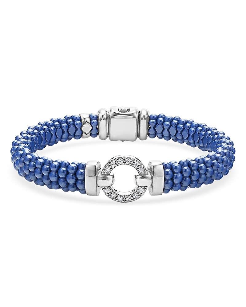 Lagos Sterling Silver Ceramic Caviar & Diamond Circle Bracelet In Blue/silver