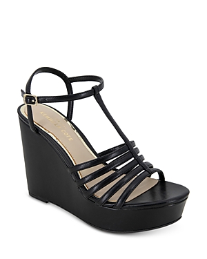 Kenneth Cole Women's Celia T Strap Espadrille Platform Wedge Sandals In Black Pu