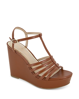 Kenneth Cole Women's Celia T Strap Espadrille Platform Wedge Sandals In Cognac Smooth