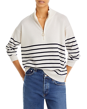 C By Bloomingdale's Cashmere Mock Neck Quarter Zip Striped Cashmere Sweater - 100% Exclusive In Ivory Ground/navy