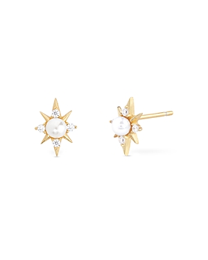 shashi celestina pave & swarovski pearl starburst stud earrings in 14k gold plated sterling silver