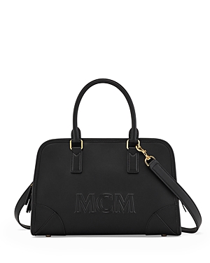 Shop Mcm Aren Medium Leather Boston Bag In Black/black