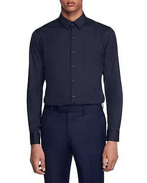 Sandro Seamless Stretch Button Up Shirt In Navy Blue