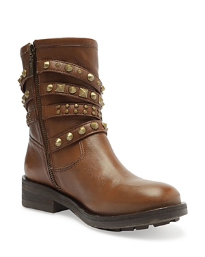 Schutz Luizia Stud Buckles Leather Moto Boots In Miele