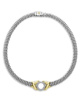18K Yellow Gold & Sterling Silver Embrace Diamond XO Caviar Bead Collar Necklace, 18"