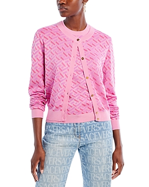 Versace La Greca Jacquard Short-sleeve Sweater In Pink/fuschia