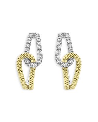 18K Yellow Gold & Sterling Silver Caviar Lux-Clip Diamond Loop Huggie Hoop Earrings - Exclusive