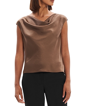 Theory Cap-sleeve Crushed Satin Cowl-neck Top In Pecan
