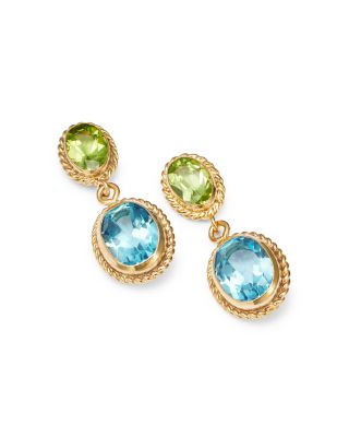 Peridot & Blue Topaz Double Drop Earrings in 14K Yellow Gold