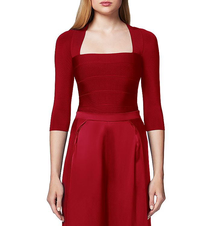Herve Leger Icon Bandage Square Neck Top In Wine