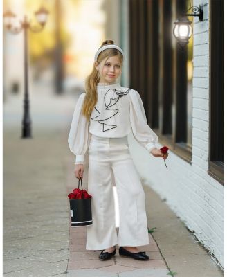 Girls' White Gwen Blouse Set with Cascading Black Trim Ruffle and Wide-leg Pants - Baby, Little Kid, Big Kid