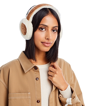 Shop Ugg Embroidered Logo Shearling Earmuffs In Brown/white