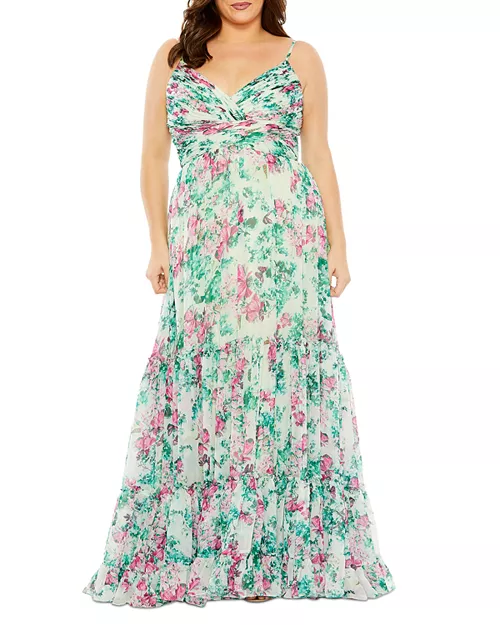 plus floral printed ruched  gown