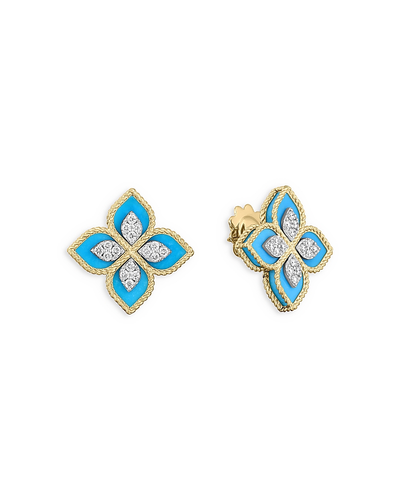 Roberto Coin 18k Yellow Gold Venetian Princess Diamond (0.35 Ct. T. W.) & Turquoise (5.8 Ct. T. W) Earrings In Blue/gold