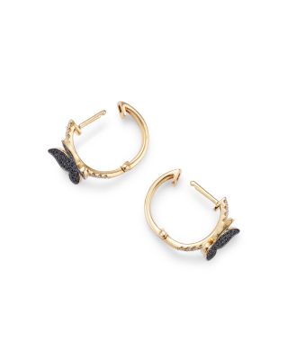 Black & White Diamond Butterfly Hoop Earrings in 14K Yellow Gold, 0.32 tcw