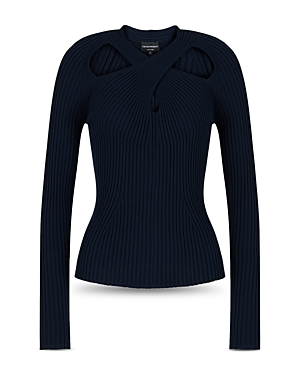 Armani Collezioni Ribbed Cutout Sweater In Solid Blue