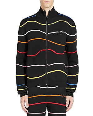 Marni Cotton Jacquard Wave Regular Fit Full Zip Mock Neck Cardigan In Multicolor
