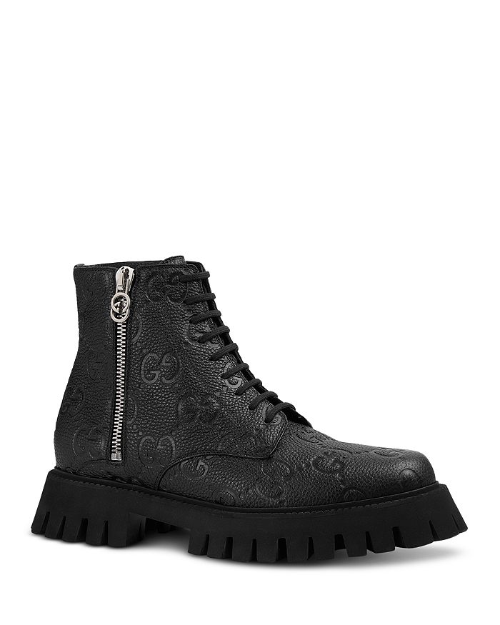 Men s Logo Pebbled Leather Lug Sole Boots
